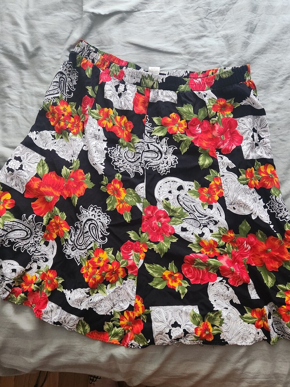 Black Floral A-Line Skirt with Red & Yellow Blooms